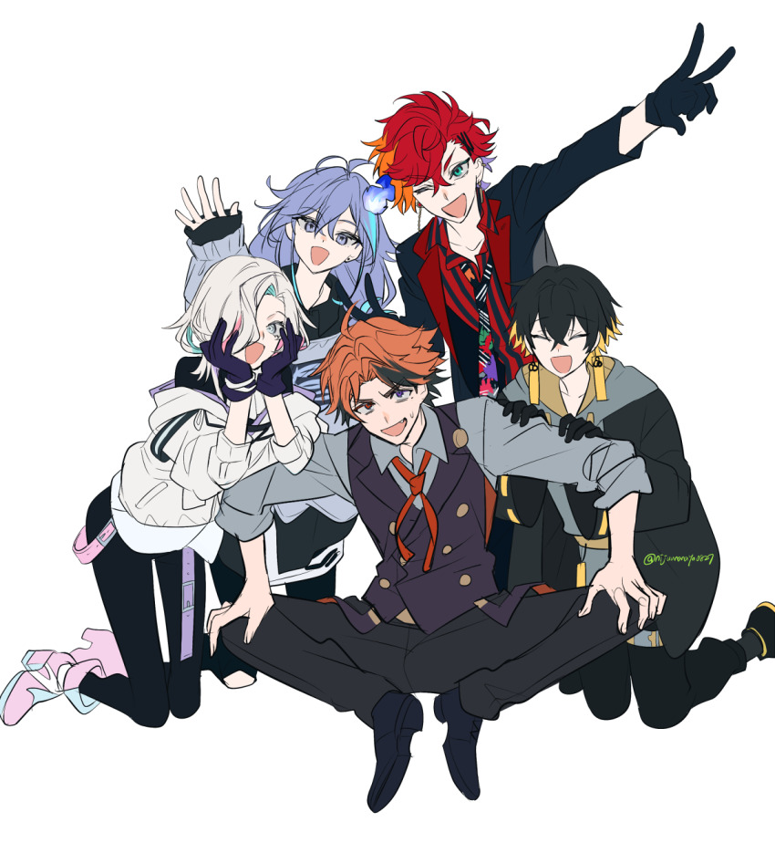 5boys :d ;d black_footwear black_gloves black_hair black_jacket black_necktie black_pants black_shirt blonde_hair blue_eyes brown_eyes brown_hair collared_shirt double_v gloves grey_eyes grey_hair grey_hoodie grey_shirt grey_sweater hair_between_eyes hair_over_one_eye hands_on_own_face hands_up heterochromia highres hizaki_gamma holostars hood hood_down hoodie jacket long_sleeves male_focus minase_rio multicolored_hair multiple_boys necktie ninahachi off_shoulder one_eye_closed open_clothes open_jacket open_mouth orange_hair pants puffy_long_sleeves puffy_sleeves purple_gloves purple_vest red_eyes red_hair shirt shoes simple_background sleeves_past_wrists smile streaked_hair striped_clothes striped_shirt sweater twitter_username utsugi_uyu v vertical-striped_clothes vertical-striped_shirt vest virtual_youtuber white_background white_hoodie yatogami_fuma yukoku_roberu