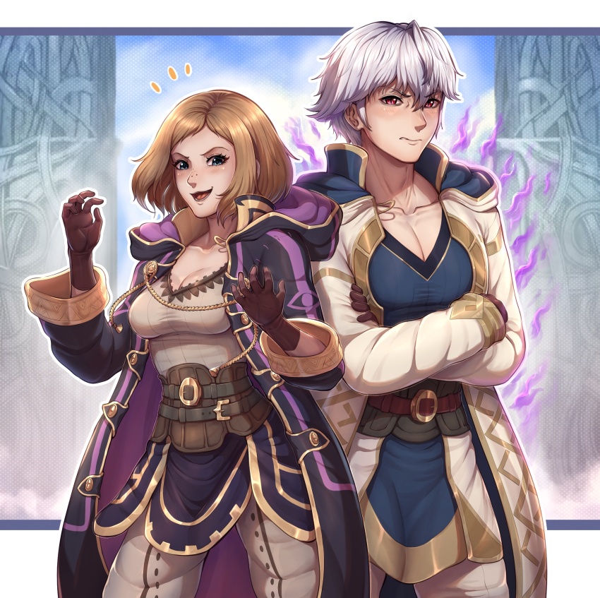 1boy 1girl absurdres alternate_costume aura belt black_cloak blonde_hair blue_eyes breasts cleavage cloak cosplay costume_switch crossed_arms evomanaphy fire_emblem fire_emblem_awakening fire_emblem_heroes freckles gloves gold_trim grima_(fire_emblem) highres hood hooded_cloak female_kiran_(fire_emblem) kiran_(fire_emblem) kiran_(fire_emblem)_(cosplay) looking_at_viewer male_robin_(fire_emblem) male_robin_(fire_emblem)_(cosplay) medium_hair nintendo red_eyes white_cloak white_hair