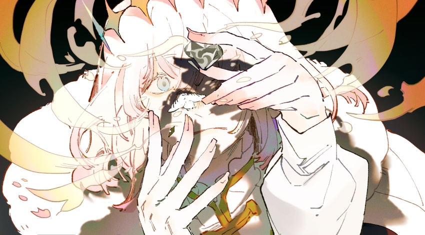 1boy black_background blanca_(fate) blue_eyes bug cape chinese_commentary close-up commentary diamond_hairband fate/grand_order fate_(series) fur-trimmed_cape fur_trim hair_between_eyes hairband highres holding insect long_sleeves male_focus medium_hair moth oberon_(fate) oberon_(second_ascension)_(fate) shadow sidelocks simple_background solo tancang531 white_cape white_hair yellow_hairband