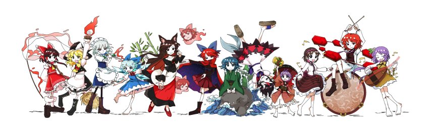 6+girls absurdres ahoge animal_ears antenna_hair apron aqua_hair arms_behind_head arrow_(symbol) arrow_print aura bamboo barefoot belt biwa_lute black_belt black_boots black_dress black_eyes black_hair black_hat black_neckerchief black_pantyhose black_shirt black_shoes black_skirt black_vest blonde_hair blue_bow blue_bowtie blue_dress blue_eyes blue_hair blue_ribbon boots bow bowl bowl_hat bowtie braid breasts broom brown_boots brown_hair brown_sandals buttons cape chain chained chained_wrists checkered_clothes checkered_skirt chest_jewel cirno closed_eyes closed_mouth collar collared_cape collared_dress collared_jacket collared_shirt cross-laced_clothes crossed_legs dark_aura demon_horns detached_sleeves double_dealing_character dress drill_hair drum drum_set drumsticks fairy fighting_stance finger_to_cheek fingernails fins fire fish_tail floating floating_head floating_object floating_weapon flower flower_hairpin frilled_apron frilled_dress frilled_hair_tubes frilled_hat frilled_kimono frilled_ribbon frilled_shirt frilled_shirt_collar frilled_skirt frilled_sleeves frills gem gohei green_kimono green_ribbon hair_ornament hair_ribbon hair_tubes hairband hakurei_reimu hand_up hands_up hat hat_ornament hat_ribbon head_fins headdress height_difference highres holding holding_broom holding_drumsticks holding_instrument holding_knife holding_lute holding_mallet holding_needle holding_sewing_needle holding_weapon horikawa_raiko horns ice ice_wings imaizumi_kagerou instrument izayoi_sakuya jacket japanese_clothes jewelry juliet_sleeves kijin_seija kimono kirisame_marisa knife lace lace-trimmed_dress lace-up_boots lace_trim large_ribbon layered_dress leaf leaf_hair_ornament leaf_on_head long_hair long_sleeves looking_at_viewer lute_(instrument) maid maid_apron maid_headdress mallet mallet_(instrument) medium_hair mermaid miko mini-hakkero mini_person minigirl miracle_mallet mitsudomoe_(shape) monster_girl multicolored_dress multicolored_hair multiple_girls multiple_heads music musical_note neckerchief necktie needle night night_sky nontraditional_miko obi off-shoulder_dress off_shoulder on_rock open_hand open_mouth outstretched_arm pantyhose parted_bangs pink_hairband playing_instrument pleated_skirt ponytail print_dress puffy_long_sleeves puffy_short_sleeves puffy_sleeves purple_collar purple_hair purple_necktie purple_ribbon red_bow red_bowtie red_brooch red_cape red_dress red_eyes red_hair red_kimono red_ribbon red_shoes red_skirt red_streaks red_vest ribbon ribbon_braid rock rod sandals sash sekibanki sewing_needle sharp_fingernails shirt shoes short_hair short_sleeves sidelocks simple_background singing single_braid sitting sitting_on_drum sitting_on_object skirt sky sleeveless smile socks spoken_musical_note standing standing_on_one_leg star_(sky) starry_sky streaked_hair string sukuna_shinmyoumaru taiko_drum tail teeth tomoe_(symbol) touhou tsukumo_benben tsukumo_yatsuhashi twin_braids twin_drills upside-down vest waist_apron waist_ribbon wakasagihime water waves wavy_hair weapon werewolf white_apron white_background white_dress white_hair white_headdress white_horns white_jacket white_ribbon white_shirt white_skirt white_sleeves white_socks wide_sleeves wings witch witch_hat wolf_ears wolf_girl wrist_cuffs yellow_dress yellow_eyes yellow_neckerchief yoiy_san