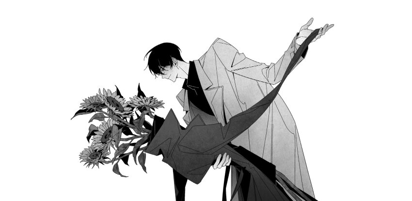 1boy 1other benkdjjituibot black_hair black_shirt coat collared_shirt dancing dip_(dance_move) flower from_side greyscale hair_between_eyes highres holding holding_unworn_clothes kim_dokja monochrome objectification omniscient_reader&#039;s_viewpoint outstretched_arms shirt short_hair smile sunflower too_many_flowers white_background white_coat yoo_joonghyuk