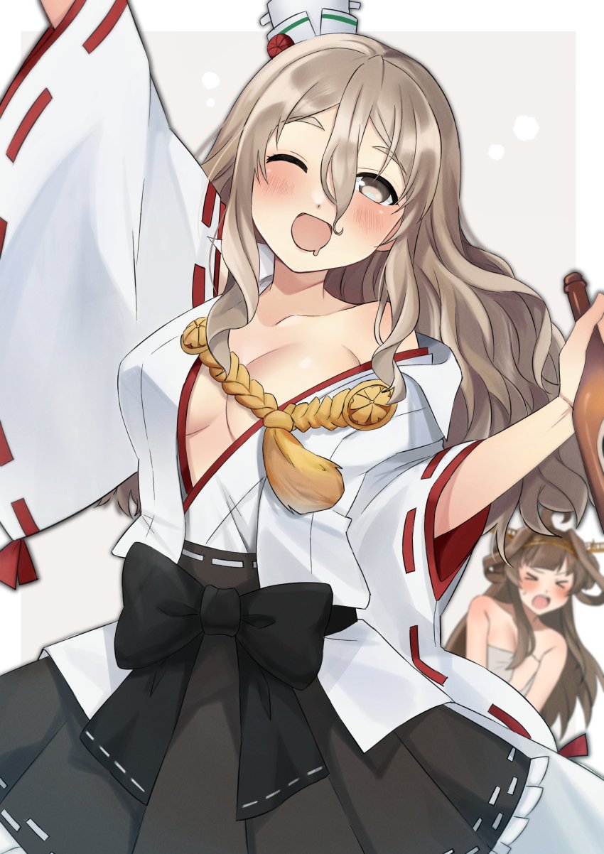 &gt;_&lt; 2girls absurdres ahoge alcohol bare_shoulders black_hakama black_skirt blush bottle breasts brown_eyes brown_hair cleavage collarbone commission cosplay covering_privates detached_sleeves drooling drunk embarrassed grey_hair hairband hakama hakama_short_skirt hakama_skirt hat highres japanese_clothes kantai_collection kongou_(kancolle) kongou_(kancolle)_(cosplay) large_breasts long_hair mini_hat multiple_girls nontraditional_miko one_eye_closed open_clothes open_mouth pola_(kancolle) ribbon-trimmed_sleeves ribbon_trim skeb_commission skirt thick_eyebrows toriniku_senshi_chikinman wavy_hair white_background