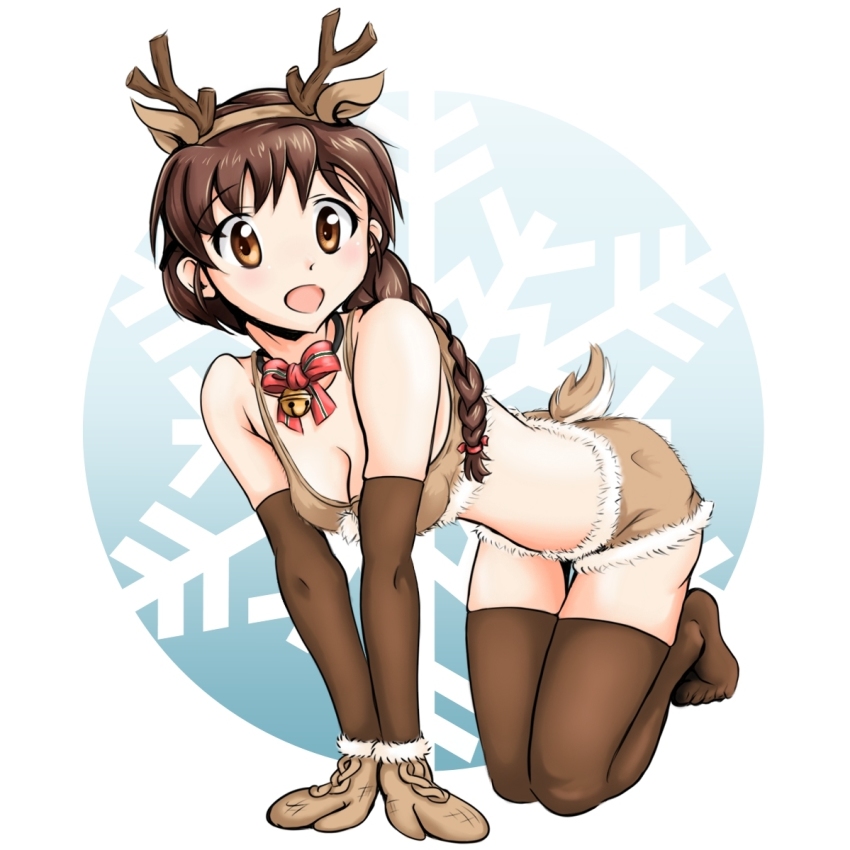 10s 1girl animal_costume animal_ears antlers bell blush bra braid breasts brown_bra brown_eyes brown_hair brown_thighhighs christmas cleavage collar deer_ears female_focus girls_und_panzer gloves highres horns kuni-kun looking_at_viewer medium_breasts neck_bell open_mouth ponytail reindeer_antlers reindeer_costume rukuriri_(girls_und_panzer) simple_background single_braid smile solo tail thighhighs underwear white_background