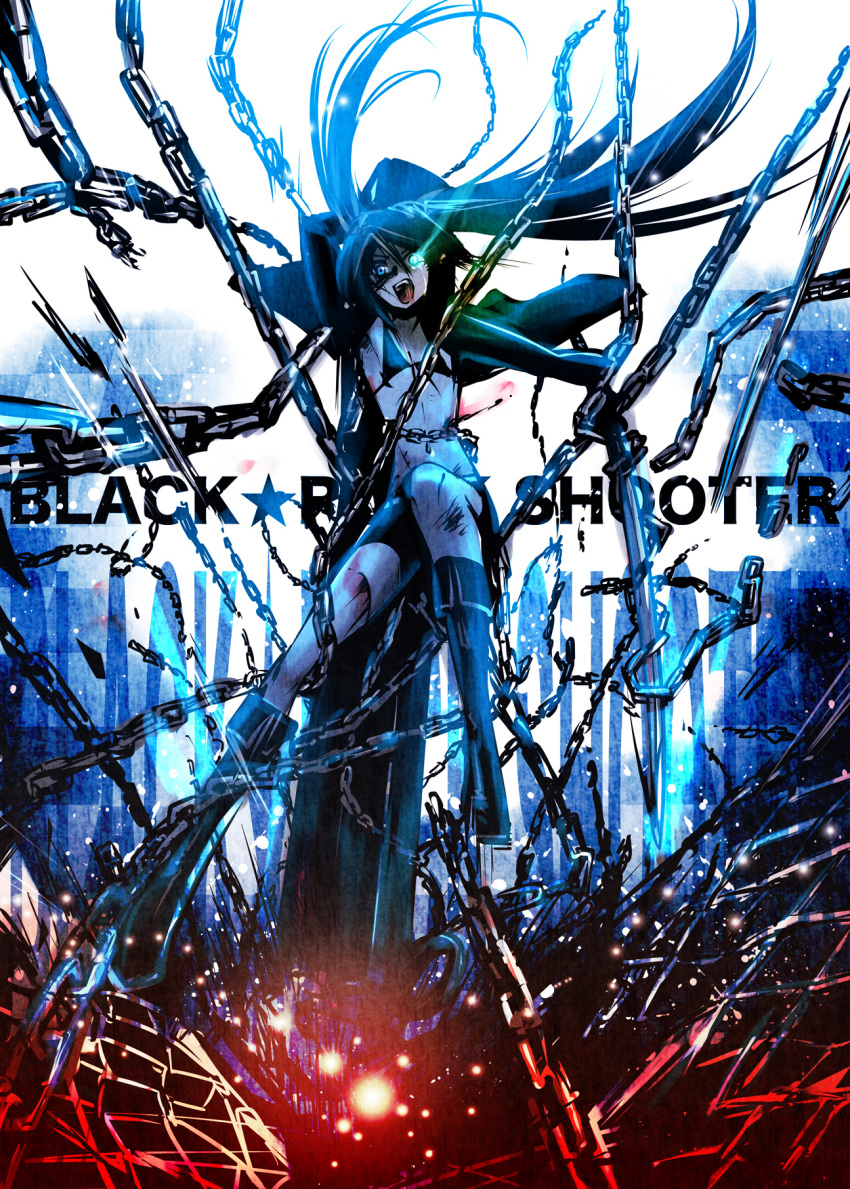 10s 1girl bikini bikini_top_only black_hair black_rock_shooter black_rock_shooter_(character) blue_eyes boots caffein chain female_focus glowing glowing_eyes highres long_hair open_mouth scar screaming solo swimsuit tears twintails very_long_hair weapon