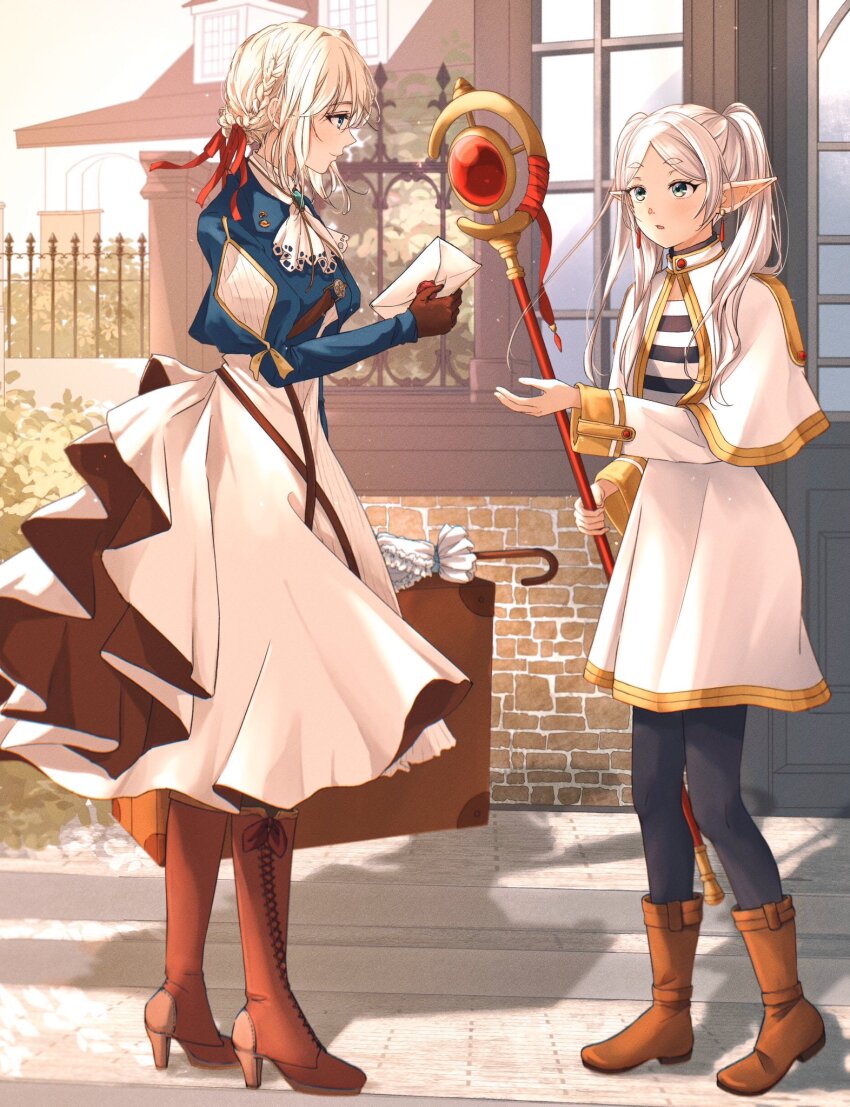 2girls black_pantyhose blonde_hair blue_shirt blush boots braid brown_bag brown_boots brown_gloves capelet closed_mouth crown_braid dress elf forehead frieren from_side gloves green_eyes hair_between_eyes high-waist_skirt high_heel_boots high_heels highres holding holding_letter holding_staff holding_suitcase holding_umbrella letter long_hair looking_at_another multiple_girls omichi_1219 open_mouth pantyhose pointy_ears red_ribbon ribbon shirt sidelocks skirt sousou_no_frieren staff suitcase twintails umbrella violet_evergarden violet_evergarden_(series) white_capelet white_dress white_hair white_skirt white_umbrella