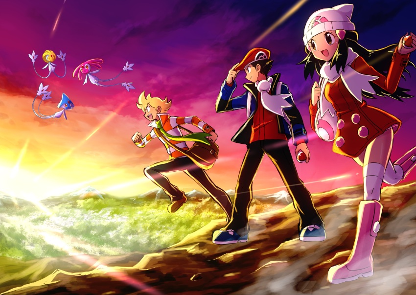 1girl 2boys :d absurdres azelf bag barry_(pokemon) black_hair black_headwear black_pants blonde_hair blue_jacket boots closed_mouth dawn_(pokemon) dress dress_shirt floating_hair gen_4_pokemon hat highres holding holding_poke_ball jacket knee_boots legendary_pokemon long_hair long_sleeves lucas_(pokemon) mesprit multiple_boys nintendo open_clothes open_jacket open_mouth outdoors pants pink_boots poke_ball poke_ball_print pokemon pokemon_dppt pokemon_platinum print_headwear red_dress red_headwear red_shirt running sawarabi_(sawarabi725) scarf shiny_skin shirt short_dress short_hair smile standing striped_clothes striped_shirt thighhighs uxie white_headwear white_scarf white_thighhighs