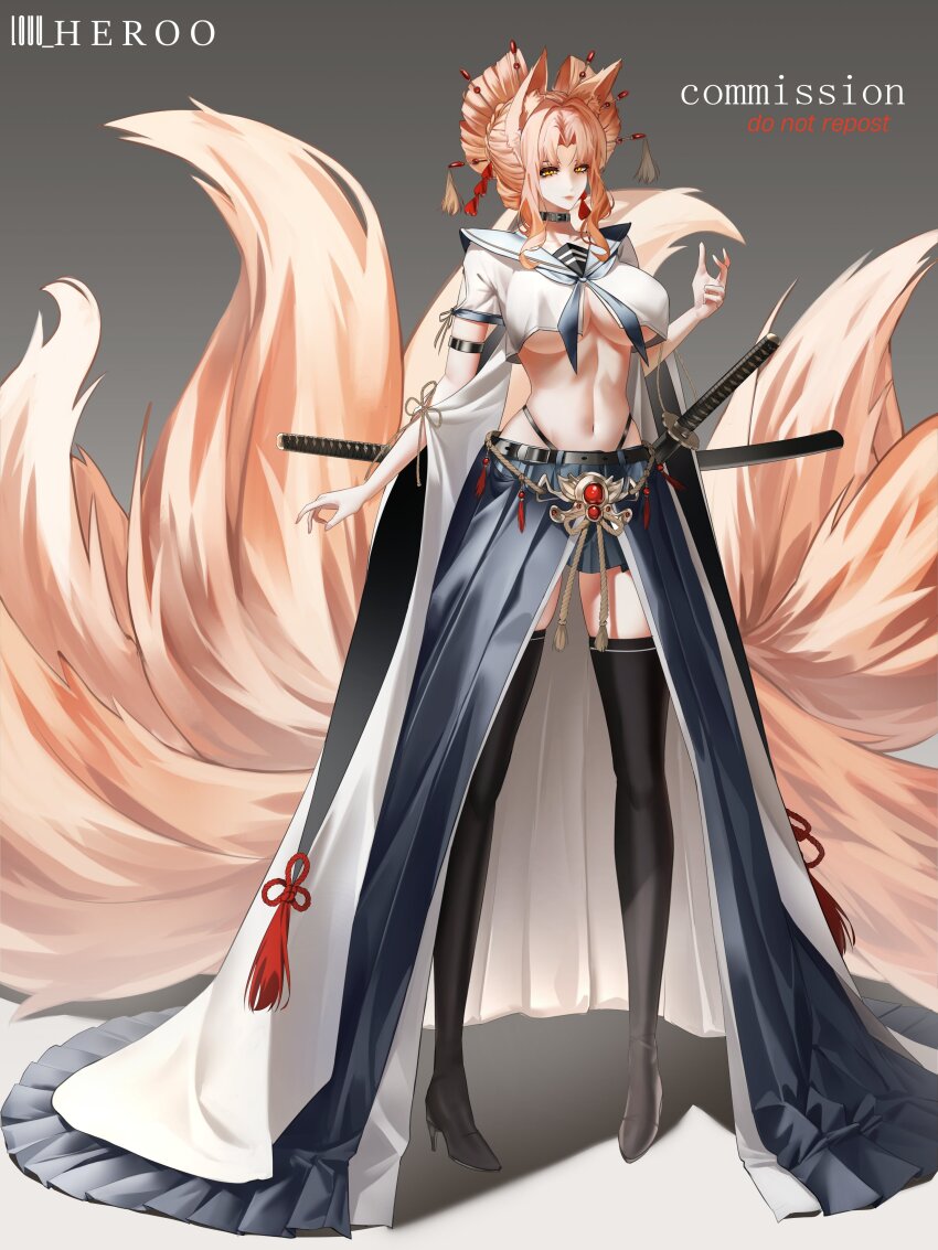 1girl absurdres animal_ears arm_up artist_name black_boots black_thighhighs blonde_hair blue_skirt boots breasts closed_mouth collarbone commentary english_commentary english_text fox_ears fox_girl fox_tail full_body grey_background hair_ornament high_heel_boots high_heels highres katana large_breasts looking_at_viewer louu_heroo medium_hair navel original school_uniform serafuku simple_background skirt solo standing stomach sword tail thighhighs underboob weapon white_serafuku yellow_eyes zettai_ryouiki