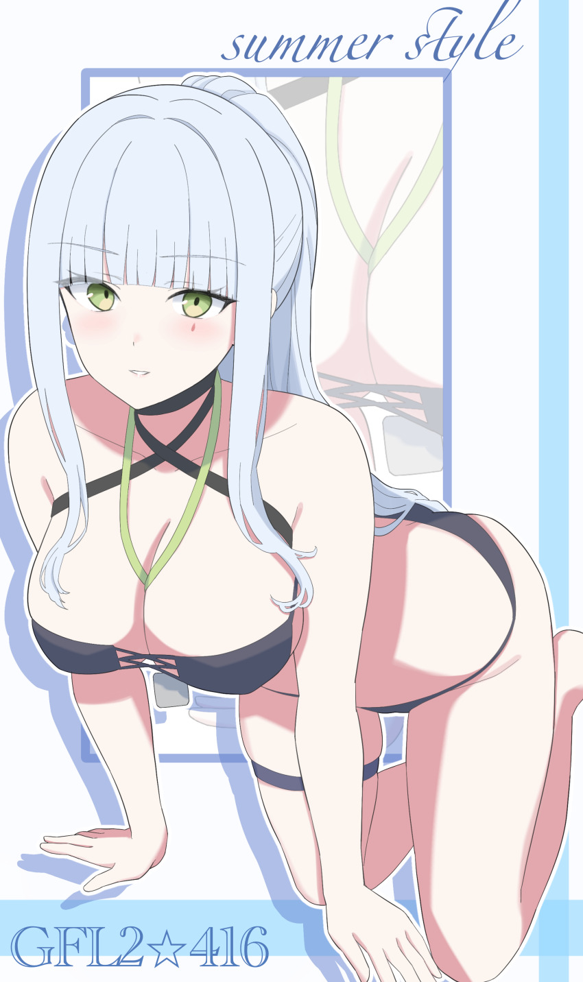 1girl absurdres all_fours bikini black_bikini blunt_bangs breasts character_name collarbone copyright_name criss-cross_halter english_text girls&#039;_frontline girls&#039;_frontline_2:_exilium green_eyes halterneck highres hk416_(girls&#039;_frontline) klukai_(girls&#039;_frontline_2) lanyard large_breasts long_hair looking_at_viewer parted_lips ponytail smile solo swimsuit teardrop_facial_mark thigh_strap uchikata_takeaki