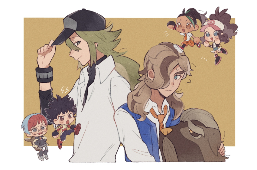 3boys 3girls ? arven_(pokemon) bangle baseball_cap black_hair black_undershirt blue_eyes blue_hair bracelet brown_hair collared_shirt commentary denim denim_shorts glasses green_eyes green_hair hair_over_one_eye hair_pulled_back hat high_ponytail highres hilda_(pokemon) hime_(himetya105) hugh_(pokemon) jewelry long_hair mabosstiff multicolored_hair multiple_boys multiple_girls n_(pokemon) naranja_academy_school_uniform necktie nemona_(pokemon) nintendo orange_necktie orange_shorts penny_(pokemon) pokemon pokemon_(creature) pokemon_bw pokemon_bw2 pokemon_masters_ex pokemon_sv ponytail red_hair round_eyewear school_uniform see-through_clothes see-through_skirt shirt short_hair shorts sidelocks skirt smile spiked_hair streaked_hair two-tone_hair vest white_shirt wristband