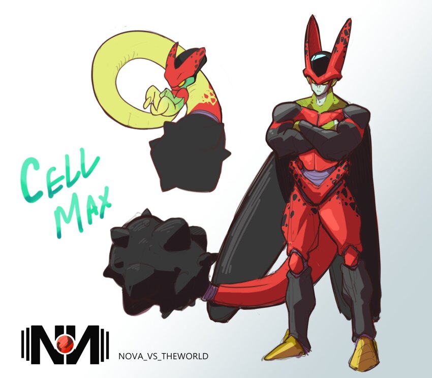 1other age_comparison artist_logo artist_name biomechanical black_carapace carapace cell_max character_name clubbed_tail commentary crossed_arms curled_up dragon_ball dragon_ball_super dragon_ball_super_super_hero english_commentary english_text facing_viewer fetal_position fetus full_body gradient_background green_carapace grey_background highres insect_wings larva logo mace monster multiple_views novanation red_carapace redesign spiked_mace spikes spots tail weapon white_background wings yellow_eyes