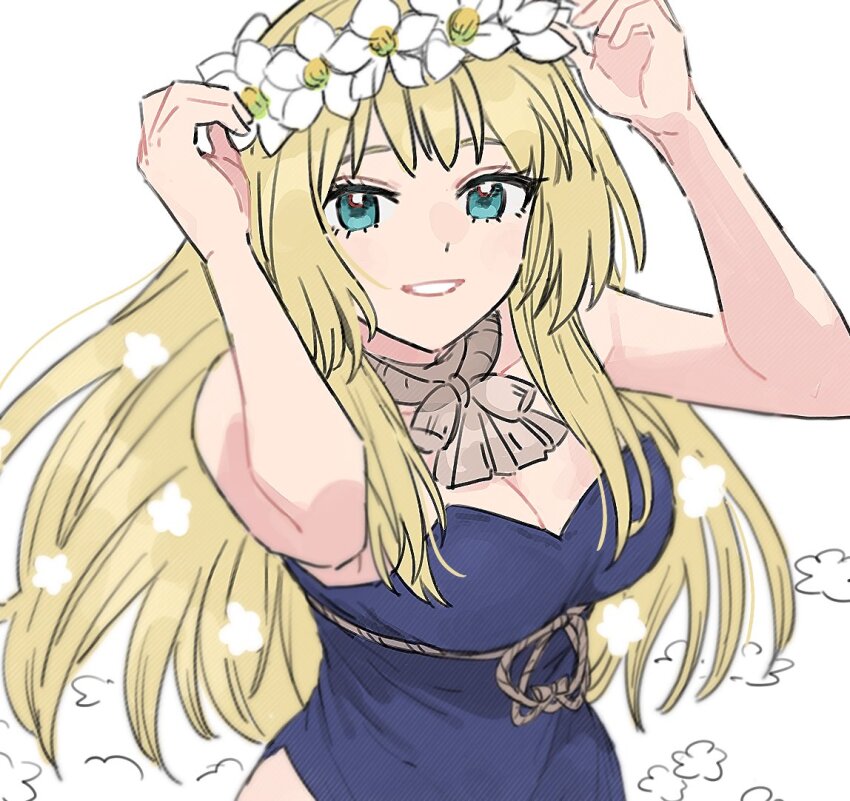 1girl bare_shoulders blonde_hair blue_dress blue_eyes breasts cleavage dr._stone dress flower green_eyes grin head_wreath kani_diggy long_hair looking_at_viewer medium_breasts official_alternate_costume ruri_(dr._stone) simple_background smile solo strapless strapless_dress upper_body white_background white_flower
