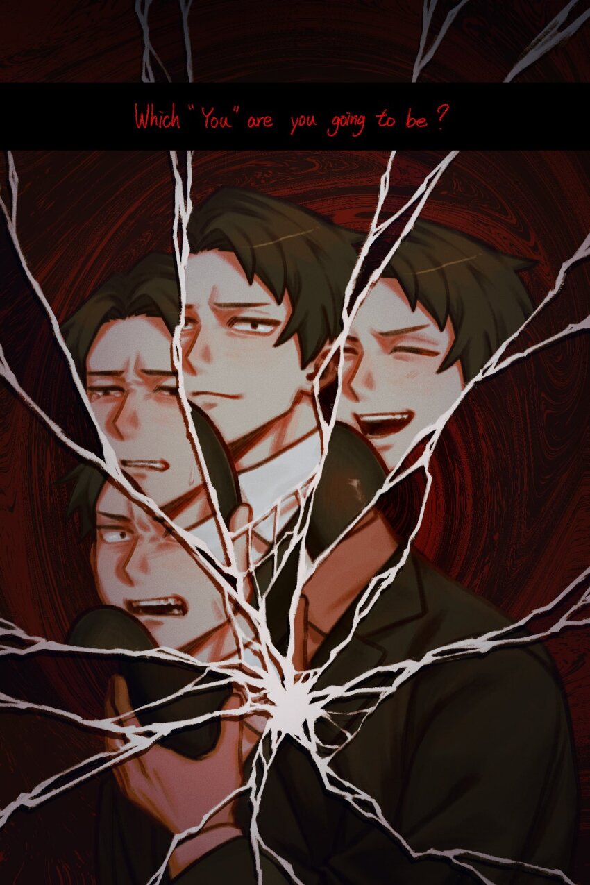 1boy black_eyes black_hair black_jacket black_mask broken_glass collared_shirt glass hand_up highres holding holding_mask jacket lapels library_of_ruina looking_at_viewer male_focus mask meat_(goldfish940602) mili_(band) multiple_expressions multiple_views notched_lapels parted_bangs project_moon roland_(project_moon) shirt white_shirt