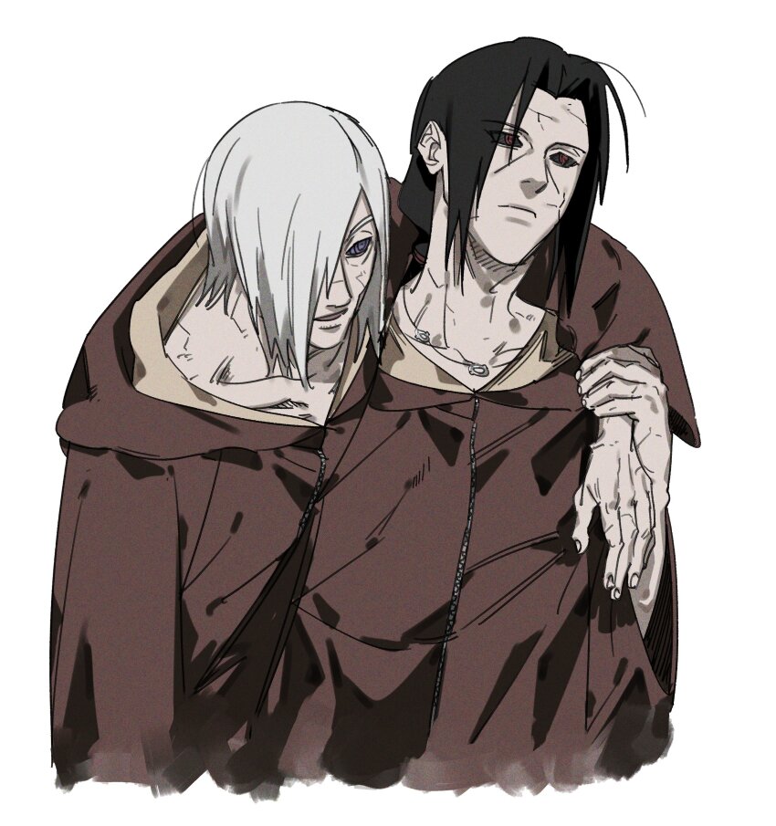 2boys absurdres black_hair coat colored_sclera cracked_skin dong2taku edo_tensei emaciated hair_over_one_eye highres long_hair male_focus multiple_boys nagato_(naruto) naruto_(series) naruto_shippuuden pale_skin red_coat rinnegan sharingan simple_background uchiha_itachi upper_body white_background white_hair