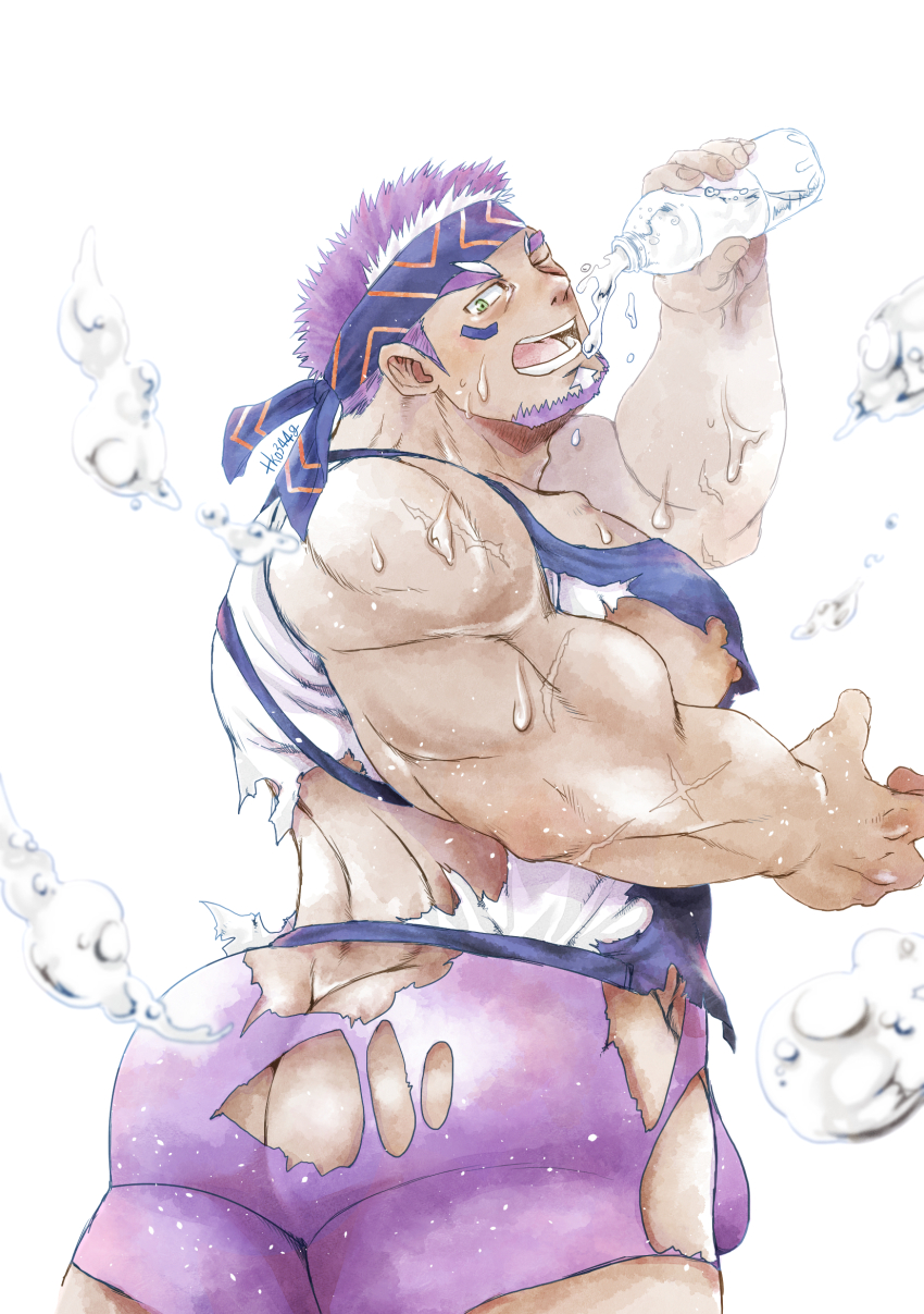 1boy ass ass_peek bara dark-skinned_male dark_skin facial_hair feet_out_of_frame from_behind goatee headband highres large_pectorals live_a_hero male_focus mature_male muscular muscular_male nipples official_alternate_costume one_eye_closed pectorals pouring pouring_onto_self shaft_(live_a_hero) shaft_(the_runner)_(live_a_hero) shirt short_hair sideburns sideburns_stubble stubble thick_eyebrows thick_thighs thighs tko344g torn_clothes torn_shirt two-tone_beard underpec water water_drop