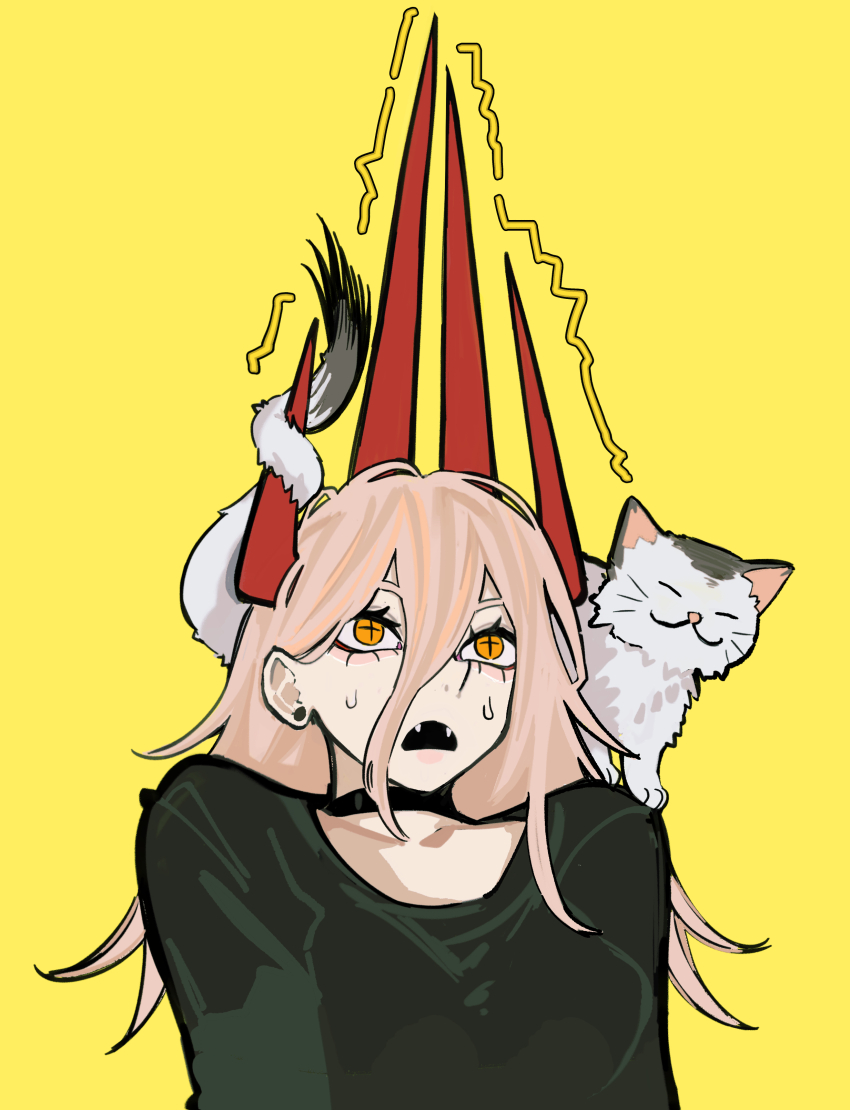 1girl absurdres animal animal_on_shoulder black_choker black_shirt blonde_hair cat cat_on_shoulder chainsaw_man choker cross-shaped_pupils fangs hair_between_eyes highres horns long_hair long_hair_between_eyes long_horns long_sleeves meowy_(chainsaw_man) nervous nervous_sweating open_mouth orange_eyes power_(chainsaw_man) red_horns sailen0 shirt simple_background solo sweat sweatdrop symbol-shaped_pupils tail tail_wrap upper_body yellow_background
