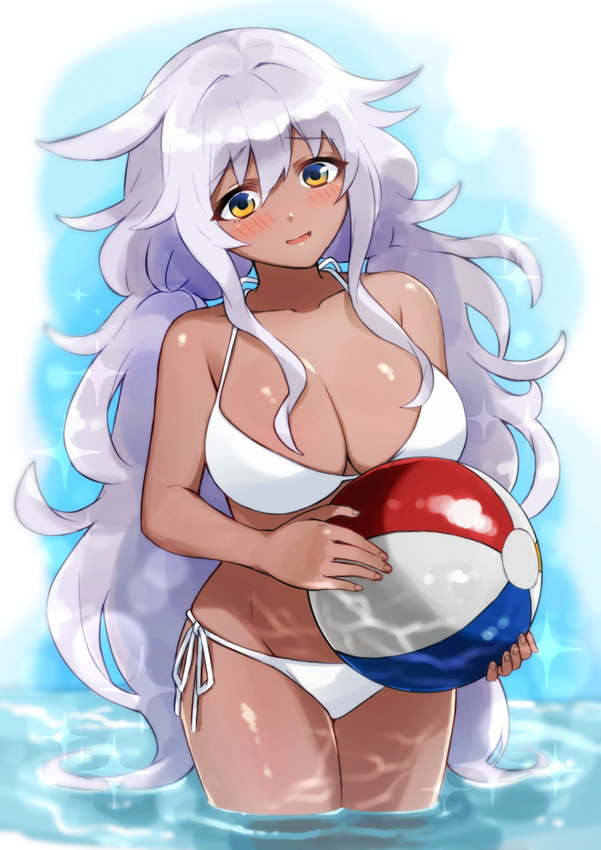 1girl ball beachball bikini blush breasts brown_eyes character_request cleavage collarbone dragalia_lost ekra grey_hair highres holding holding_ball large_breasts long_hair looking_at_viewer open_mouth smile solo swimsuit twintails white_bikini