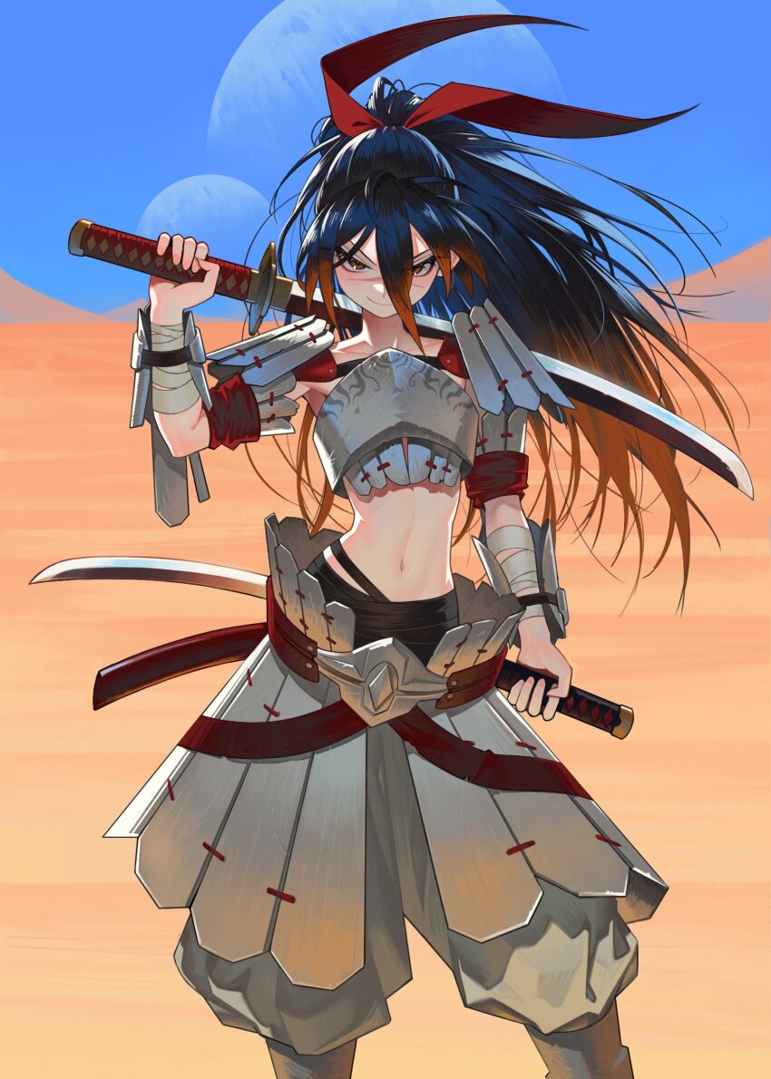 1girl armpit_peek bandaged_arm bandages black_hair desert dual_wielding gemi_ningen hair_between_eyes hair_ribbon highres holding isekai_samurai katana kenshi lamellar_armor long_hair midriff ponytail puffy_pants red_eyes red_ribbon ribbon sand scar scar_on_face solo sword tsukitsuba_ginko wakizashi weapon