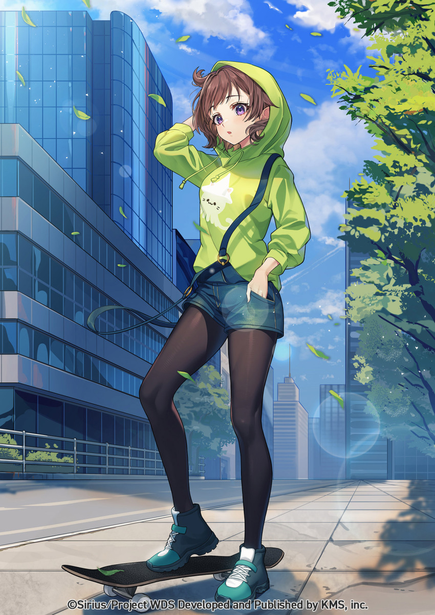 1girl :o bag blue_sky brown_hair building cloud confetti day denim denim_shorts falling_leaves full_body hand_on_own_hip highres hood hoodie leaf long_sleeves looking_at_viewer official_art outdoors pantyhose purple_eyes sasuga_chisa shoes short_hair short_shorts shorts sky sneakers solo stairs standing themis_(themis_adgjm) tree urban world_dai_star