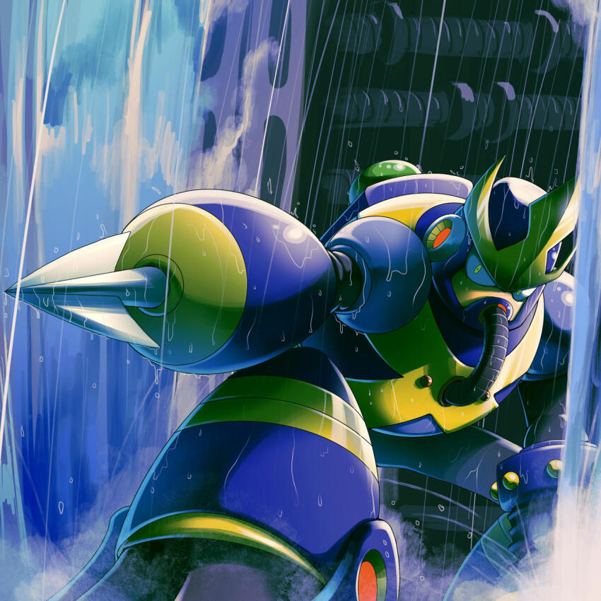 1boy glaring green_eyes highres hook_hand imbisibol male_focus mega_man_(classic) mega_man_(series) mega_man_5 no_humans robot solo water wave_man wet