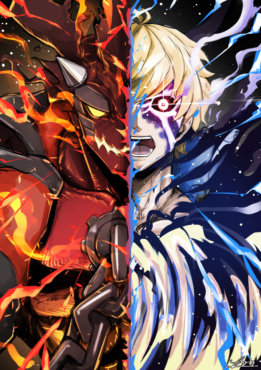 2boys absurdres blonde_hair blue_fire chain dragon_install fire glowing glowing_eyes guilty_gear guilty_gear_strive highres horns ky_kiske looking_at_viewer multiple_boys nankou_(koutanan) open_mouth sharp_teeth sol_badguy split_theme teeth upper_body