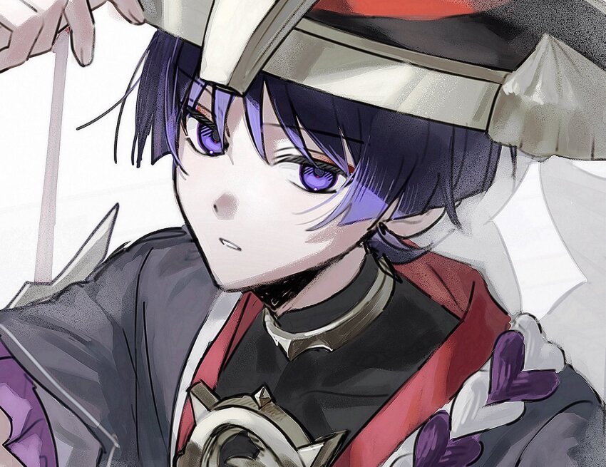1boy black_bodysuit black_hat black_kimono black_sleeves blunt_ends bodysuit covered_collarbone eyeliner eyeshadow frilled_sleeves frills genshin_impact gold grey_veil hat highres japanese_clothes jewelry jingasa juban kimono layered_sleeves looking_at_viewer makeup male_focus mandarin_collar nacl5844277 neck_ring parted_lips portrait purple_eyes purple_hair purple_rope purple_sleeves red_eyeliner red_eyeshadow red_hat red_kimono rope scaramouche_(genshin_impact) shimenawa short_sleeves solo tsurime veil white_background white_kimono white_mouth white_rope wispy_bangs
