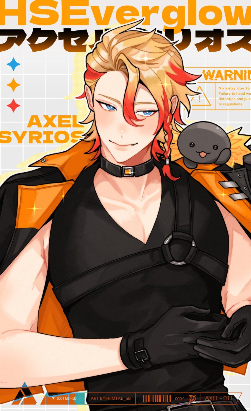 1boy absurdres animal animal_on_shoulder axel_syrios axelotl_(axel_syrios) axolotl barcode belt black_belt black_choker black_gloves black_jacket black_shirt black_tank_top blonde_hair blue_eyes blush braid character_name chest_belt choker drop_shadow english_text fang four-pointed_star gloves grey_background grid_background highres hiimtae_sb holostars holostars_english holostars_english_idol_uniform idol_clothes jacket jacket_on_shoulders light_blush male_focus multicolored_hair o-ring o-ring_belt pectoral_cleavage pectorals red_streaks shirt side_braid sign single_braid sleeveless sleeveless_shirt solo_focus star_(symbol) tank_top toned toned_male upper_body virtual_youtuber warning_sign