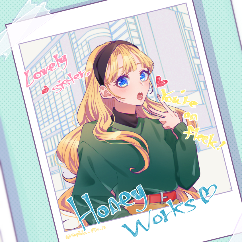 ! 1girl absurdres alternate_hairstyle arm_at_side belt belt_buckle black_hairband black_shirt blonde_hair blue_eyes blunt_bangs buckle building casual commentary copyright_name dotted_background english_text green_sweater hairband heart highres honeyworks kokuhaku_jikkou_iinkai blue_background long_hair narumi_sena open_mouth outdoors photo_(object) purikura red_belt shirt solo sophia_pie_12 sweater turtleneck upper_body v wavy_hair
