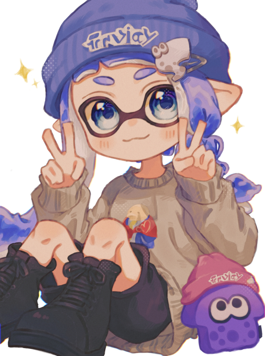 1girl asymmetrical_hair beanie black_boots black_shorts blue_eyes blue_hair blue_hat blush boots braid closed_mouth commentary_request double_v foot_out_of_frame grey_sweater hair_ornament hairclip hands_up hat highres inkling inkling_girl inkling_player_character long_hair long_sleeves looking_at_viewer nintendo ochocho2828 pointy_ears shorts simple_background single_braid smile solo splatoon_(series) splatoon_3 stuffed_squid sweater tentacle_hair v white_background