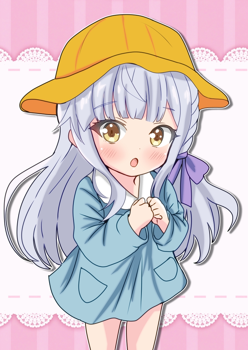 1girl :o absurdres aged_down assault_lily blue_shirt blunt_bangs blush braid child commentary cowboy_shot ebisu_nobu grey_hair hair_ribbon hands_up hat highres kindergarten_uniform kon_kanaho lace_background long_hair long_sleeves looking_at_viewer official_alternate_costume open_mouth own_hands_together pink_background pocket purple_ribbon ribbon school_hat shirt side_braid sidelocks single_braid solo standing striped_clothes striped_shirt two-tone_background white_background yellow_eyes yellow_hat