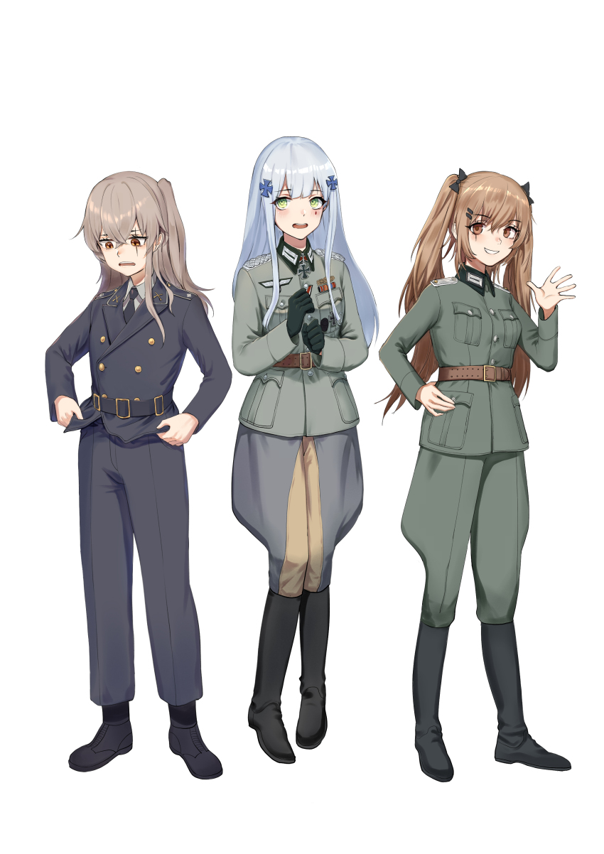 3girls absurdres black_footwear black_gloves black_necktie black_uniform boots brown_hair cold_war collared_shirt east_germany girls&#039;_frontline gloves green_eyes green_uniform hair_ornament hairclip hand_up highres hk416_(girls&#039;_frontline) military_dress_uniform military_uniform multiple_girls necktie orange_eyes scar scar_across_eye scar_on_face shirt siblings simple_background sisters tuziki_sang ump45_(girls&#039;_frontline) ump9_(girls&#039;_frontline) waving white_background white_hair