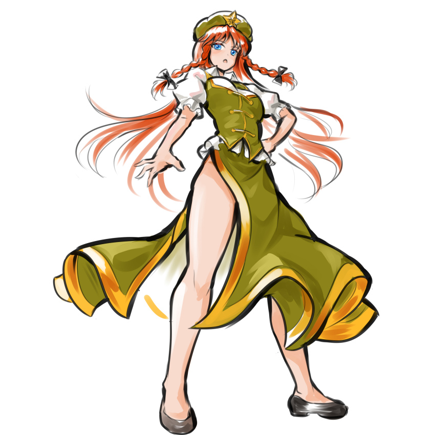 absurdres beret blue_eyes braid edz_drawz green_vest hat hat_ornament highres hong_meiling open_mouth red_hair star_(symbol) star_hat_ornament touhou twin_braids vest