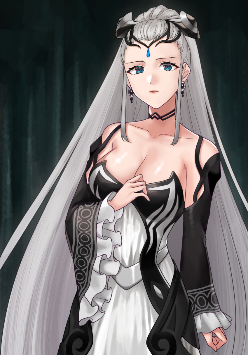 1girl black_choker black_dress black_tiara blue_eyes breasts choker cleavage collarbone commission commissioner_upload dress earrings eir_(fire_emblem) fire_emblem fire_emblem_heroes frilled_sleeves frills hazuki_(nyorosuke) highres jewelry large_breasts long_hair long_sleeves nintendo parted_lips ponytail princess sidelocks skeb_commission tiara very_long_hair white_dress white_hair