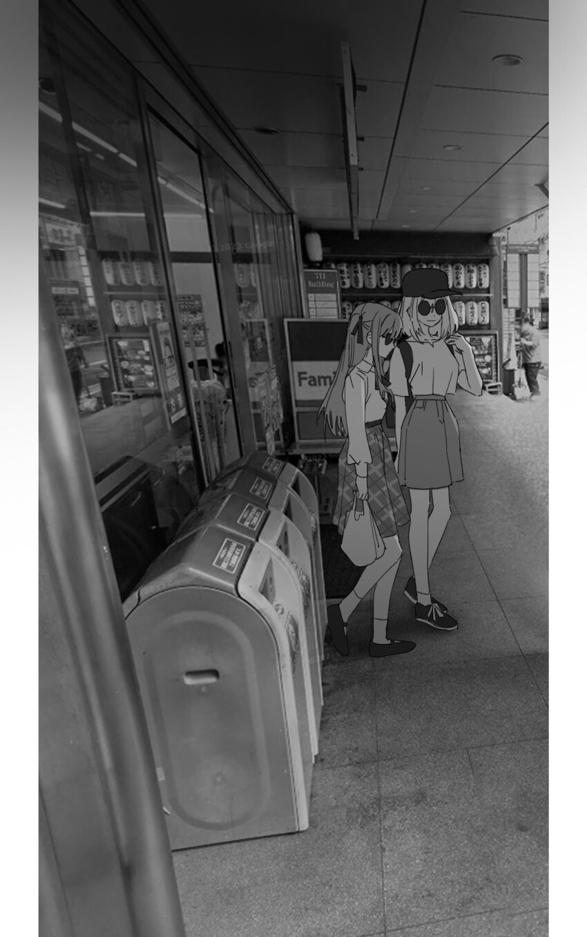 1other 2girls absurdres ambiguous_gender backpack bag bang_dream! bang_dream!_it&#039;s_mygo!!!!! baseball_cap collarbone commentary_request commission convenience_store day familymart full_body greyscale hair_ribbon hand_up hat highres holding holding_bag long_hair long_sleeves misumi_uika monochrome multiple_girls outdoors photo_background rain_(onepearblow) ribbon shirt_tucked_in shop shopping_bag skirt smile sunglasses togawa_sakiko