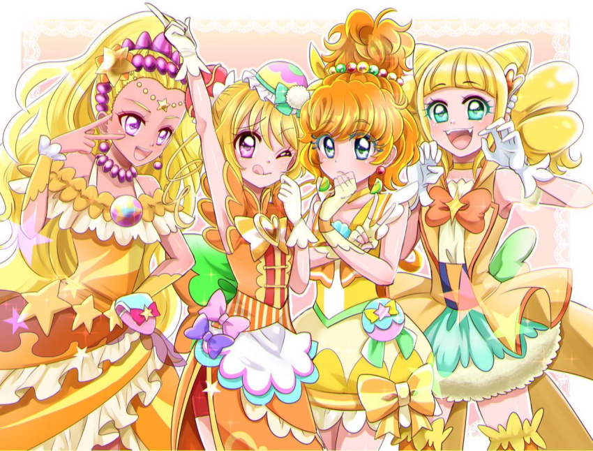 4girls :d ;d amamiya_elena apron aqua_skirt arm_up back_bow bike_shorts_under_skirt blonde_hair blue_eyes bow brooch bubble_skirt choker circlet closed_mouth color_connection cone_hair_bun cowboy_shot cure_papaya cure_soleil cure_sparkle cure_yum-yum dark-skinned_female dark_skin delicious_party_precure dot_nose double_bun dress dress_bow drill_hair earrings eyeshadow fingerless_gloves frilled_hat frills gloves green_bow green_eyes hair_bun hair_ornament hanamichi_ran hat hat_bow healin&#039;_good_precure heart heart_brooch heart_hair_ornament high_ponytail hiramitsu_hinata ichinose_minori in-franchise_crossover jewelry komanana320 lace_background large_bow legs_apart legs_together long_hair looking_at_viewer magical_girl makeup mini_hat multiple_girls necklace one_eye_closed open_mouth orange_background orange_bow orange_dress orange_hair orange_thighhighs petticoat pink_bow ponytail pouch precure purple_bow purple_eyes purple_eyeshadow red_shorts short_hair shorts skirt smile standing star_(symbol) star_hair_ornament star_twinkle_precure striped_clothes thick_eyelashes thighhighs three_quarter_view tongue tongue_out tropical-rouge!_precure twin_drills vertical-striped_clothes white_gloves wrist_cuffs yellow_choker yellow_gloves yellow_wrist_cuffs