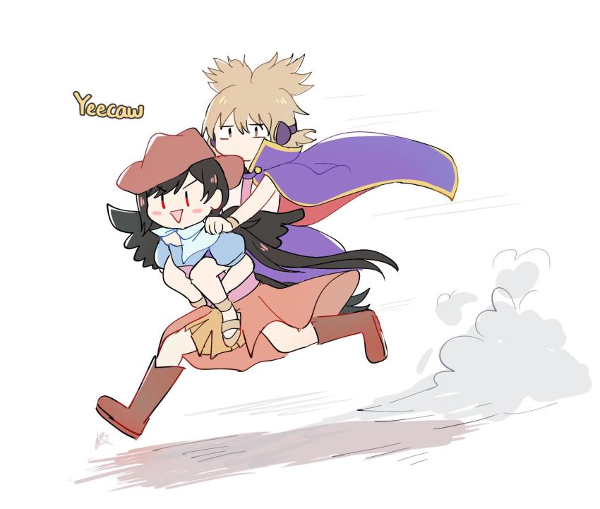 2girls :d black_hair black_wings blonde_hair blue_dress boots bracelet cape carrying commentary cowboy_hat dress earmuffs eyes_visible_through_hair hand_on_shoulder hat highres jewelry khylimei kurokoma_saki looking_away multicolored_clothes multiple_girls off-shoulder_shirt off_shoulder open_mouth orange_skirt piggyback pointy_hair purple_cape purple_skirt red_eyes running shirt shoes short_hair shoulder_carry simple_background skirt sleeveless sleeveless_shirt smile spoilers touhou toyosatomimi_no_miko white_background wily_beast_and_weakest_creature wings yellow_eyes |_|
