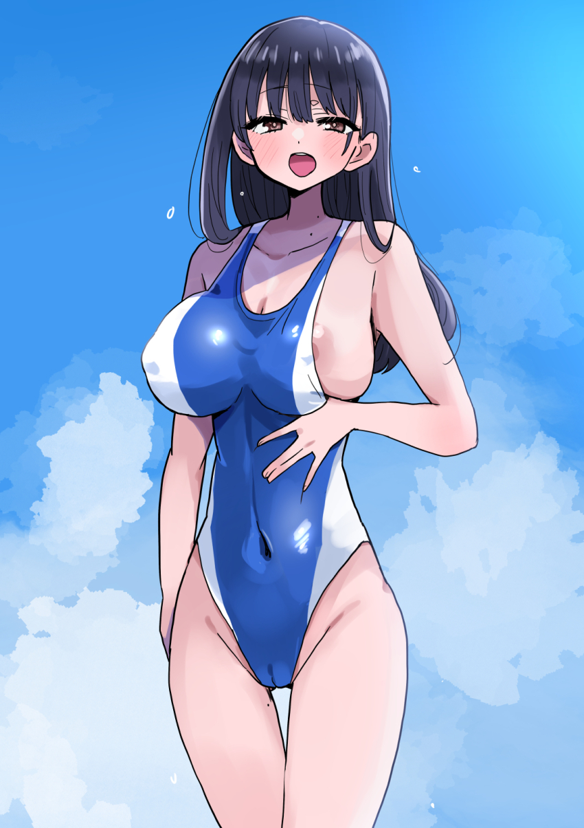 1girl areola_slip black_hair blue_one-piece_swimsuit blush boku_no_kokoro_no_yabai_yatsu breasts brown_eyes cameltoe cleavage clothes_pull collarbone competition_swimsuit covered_navel day highleg highleg_one-piece_swimsuit highres large_breasts long28 long_hair looking_at_viewer mole mole_on_neck multiple_moles one-piece_swimsuit one-piece_swimsuit_pull open_mouth sky solo standing swimsuit two-tone_one-piece_swimsuit white_one-piece_swimsuit yamada_anna