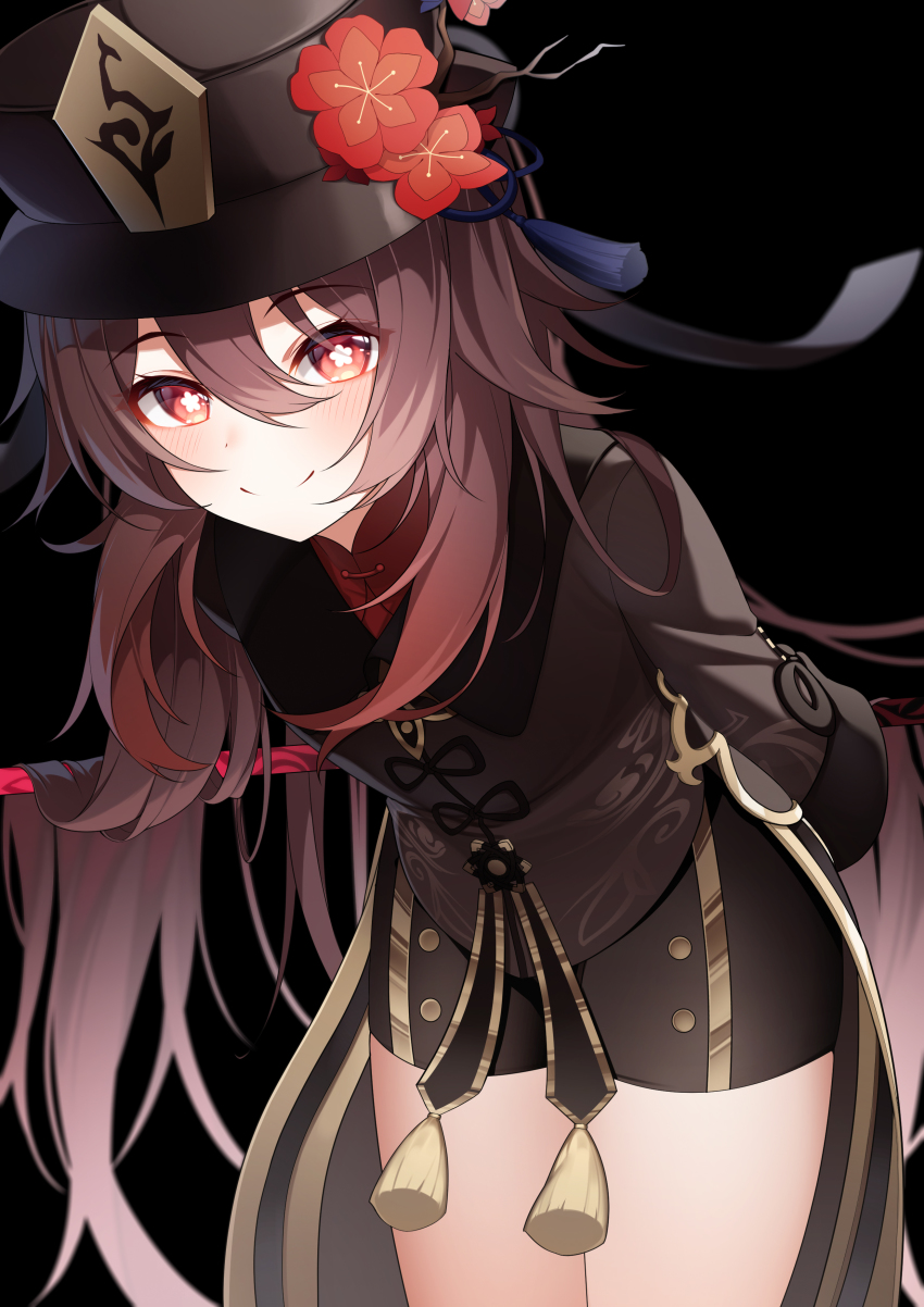 1girl absurdres black_background black_hat black_jacket blush brown_hair commentary cowboy_shot flower genshin_impact hair_between_eyes hat hat_flower highres hu_tao_(genshin_impact) jacket leaning_forward long_hair long_sleeves looking_at_viewer red_eyes red_flower simple_background smile solo standing the_cold thighs very_long_hair