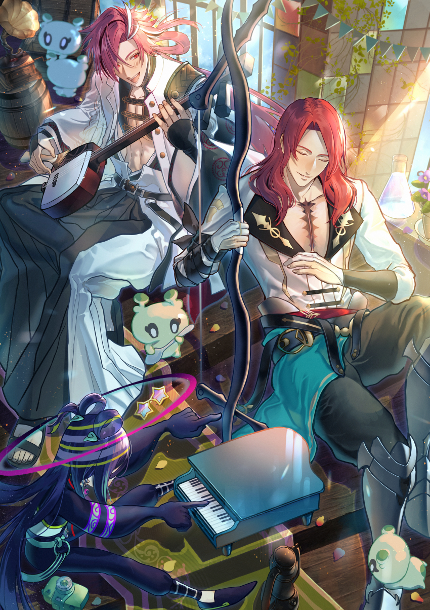 absurdres black_hair black_pants blue_hair chinese_clothes closed_eyes con_(fate) dragon_print earrings eyebrow_cut failnaught_(fate) fate/grand_order fate_(series) gloves hair_over_one_eye halo harp highres holding instrument jacket japanese_clothes jewelry long_hair long_sleeves low_ponytail makeup multicolored_hair multiple_boys nagatekkou pants pectoral_cleavage pectorals ponytail red_eyes red_hair sanbon_hijiki shamisen smile streaked_hair taisui_xingjun_(fate) takasugi_shinsaku_(fate) toned toned_male tristan_(fate) underpec upper_body weapon white_hair white_jacket