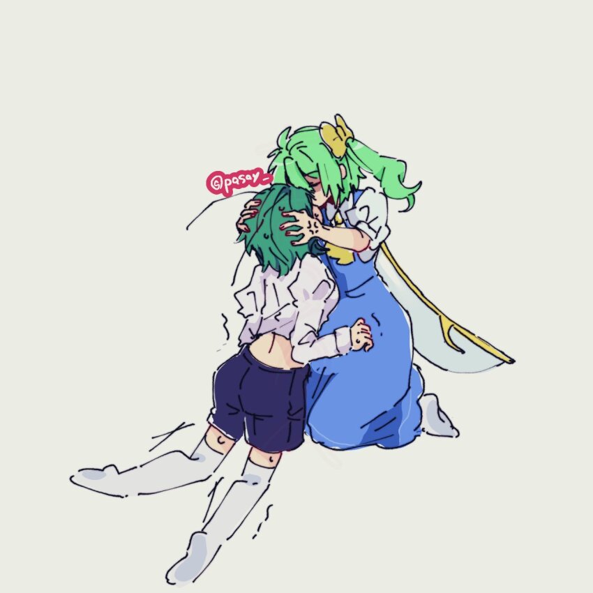 2girls anger_vein antennae ascot blue_dress blue_shorts bobotatamu bow closed_eyes collared_shirt commentary_request daiyousei dress fairy_wings full_body green_hair grey_background grey_wings hair_bow high_side_ponytail highres kiss kneehighs long_hair looking_at_another multiple_girls pinafore_dress shirt short_hair shorts simple_background sleeveless sleeveless_dress socks touhou trembling white_shirt white_socks wings wriggle_nightbug yellow_ascot yellow_bow yuri