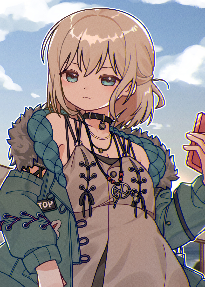 0313_(yunji7878) 1girl absurdres aoba_moca bang_dream! blue_eyes blue_sky breasts choker cleavage fur_trim highres holding holding_phone jacket jewelry laces leaning necklace official_alternate_hairstyle open_clothes open_jacket phone sky smug