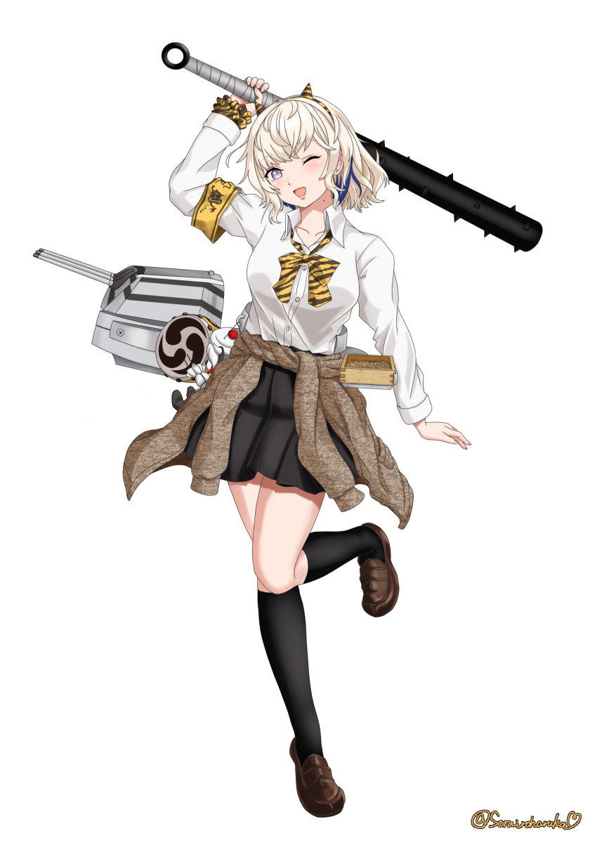 1girl absurdres animal_print armband black_skirt black_socks blonde_hair blue_eyes blue_hair breasts brown_shoes cannon clothes_around_waist club club_(weapon) fake_horns full_body gloire_(kancolle) gloire_kai_(kancolle) gloire_kai_(setsubun)_(kancolle) highres holding holding_club holding_weapon horns jacket jacket_around_waist kanabou kantai_collection loafers looking_at_viewer medium_breasts miniskirt official_alternate_costume one_eye_closed open_mouth pleated_skirt rigging scrunchie setsubun shirt shoes short_hair skirt socks solo sorairo_haruka spiked_club standing standing_on_one_leg tiger_print weapon white_shirt wrist_scrunchie yellow_armband yellow_scrunchie