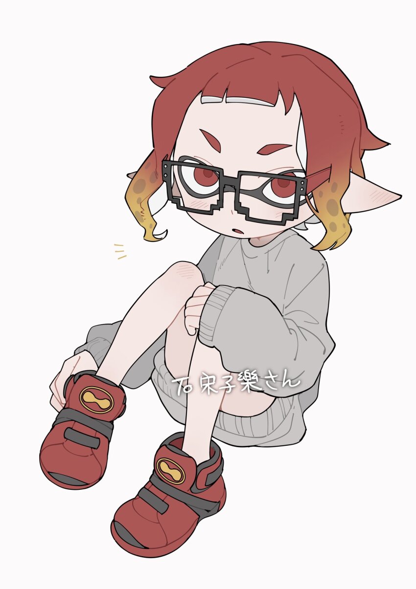 1girl 8-bit_(splatoon) black-framed_eyewear blonde_hair blush full_body glasses gomi20021021 gradient_hair grey_sweater hand_on_own_knee highres inkling invisible_chair long_pointy_ears long_sleeves multicolored_hair nintendo notice_lines parted_lips pointy_ears red_eyes red_footwear red_hair red_pupils short_hair simple_background sitting solo splatoon_(manga) splatoon_(series) sweater tentacle_hair two-tone_hair watermark white_background