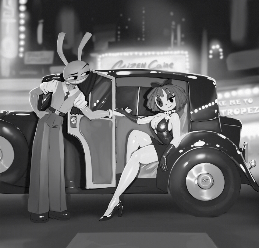 bare_legs breasts button_eye car cleavage cocktail_dress dress glitch_productions gloves high_heels highres huge_breasts jax_(the_amazing_digital_circus) megadraws24 monochrome motor_vehicle ragatha_(the_amazing_digital_circus) ribbon short_dress the_amazing_digital_circus