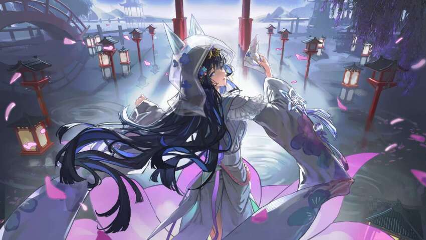1girl alternate_costume black_hair blue_eyes blue_hair blunt_bangs bridge highres holding holding_mask japanese_clothes kimono long_hair looking_at_viewer looking_back mask multicolored_hair official_alternate_costume original outdoors petals punishing:_gray_raven selena:_pianissimo_(pgr) selena:_pianissimo_(threads_of_destiny)_(pgr) selena_(pgr) shiromuku shrine shuiqimu solo two-tone_hair uchikake very_long_hair water
