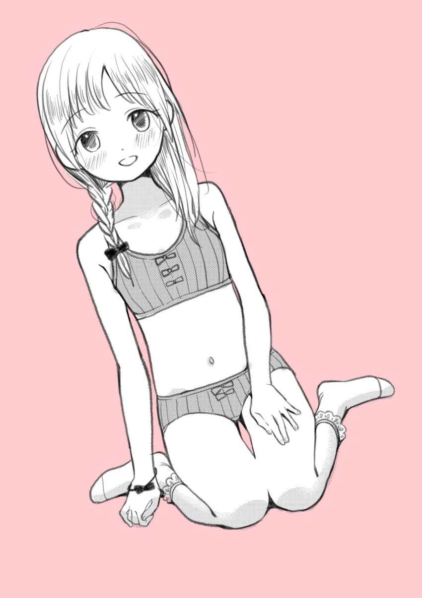 1girl asymmetrical_hair blush bow bow_bra bow_panties bra braid female_focus hair_bow highres looking_at_viewer navel open_mouth original panties piko_(pixiv) pink_background simple_background single_braid socks solo underwear
