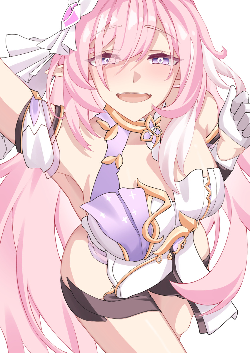 1girl absurdres arm_up black_shorts breasts commentary_request diamond-shaped_pupils diamond_(shape) elysia_(herrscher_of_human:_ego)_(honkai_impact) elysia_(honkai_impact) gloves hair_ornament half_gloves highres honkai_(series) honkai_impact_3rd korean_commentary large_breasts long_hair looking_at_viewer open_mouth pink_hair pointy_ears purple_eyes pyeong_il shorts sidelocks smile solo symbol-shaped_pupils very_long_hair white_gloves