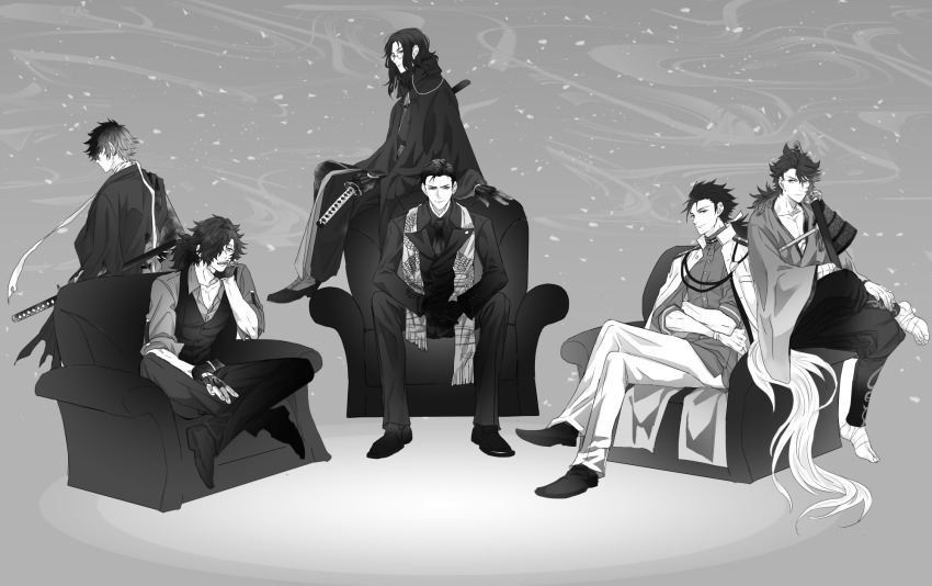 6+boys arm_support armchair armor bandaged_neck bandages chair cigarette coat coat_on_shoulders collared_cape collared_shirt crossed_arms crossed_legs crossover dragon_print expressionless eyewear_strap facial_hair falling_petals fate/grand_order fate_(series) figure_four_sitting foot_wraps formal_clothes fringe_trim full_body glasses glove_cutout gloves greyscale hair_between_eyes hair_over_one_eye hair_slicked_back head_on_hand head_rest highres hizen_tadahiro holding holding_sword holding_weapon indian_style jacket japanese_armor japanese_clothes katana kimono lapels leaning_back legs_apart long_hair long_sleeves looking_at_viewer low_ponytail male_focus medium_hair mmc_touken monochrome multicolored_hair multiple_boys mutsu-no-kami_yoshiyuki nankaitarou_chouson necktie no_shoes notched_lapels okada_izou_(fate) okada_izou_(i&#039;m_one_dapping_fella)_(fate) on_chair open_collar own_hands_together pants parted_bangs pectoral_cleavage pectorals petals ponytail profile sakamoto_ryouma_(fate) sakamoto_ryouma_(lancer)_(fate) serious sheath sheathed shirt shoes short_hair shoulder_armor sideways_glance sitting sleeves_rolled_up smile smoke smoking sode stole stubble suit swept_bangs sword takechi_zuizan_(fate) torn_clothes touken_ranbu two-tone_hair v-shaped_eyebrows vest wavy_hair weapon wrinkled_skin