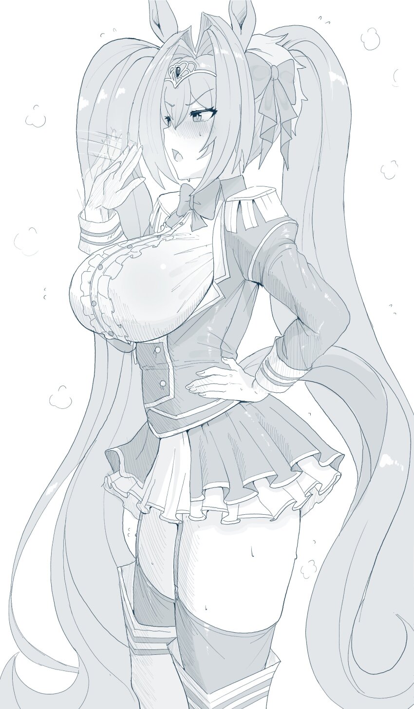 animal_ears borghestbot breasts daiwa_scarlet_(umamusume) garter_straps horse_ears horse_tail large_breasts long_hair shirt skirt sweat tail thighhighs twintails umamusume