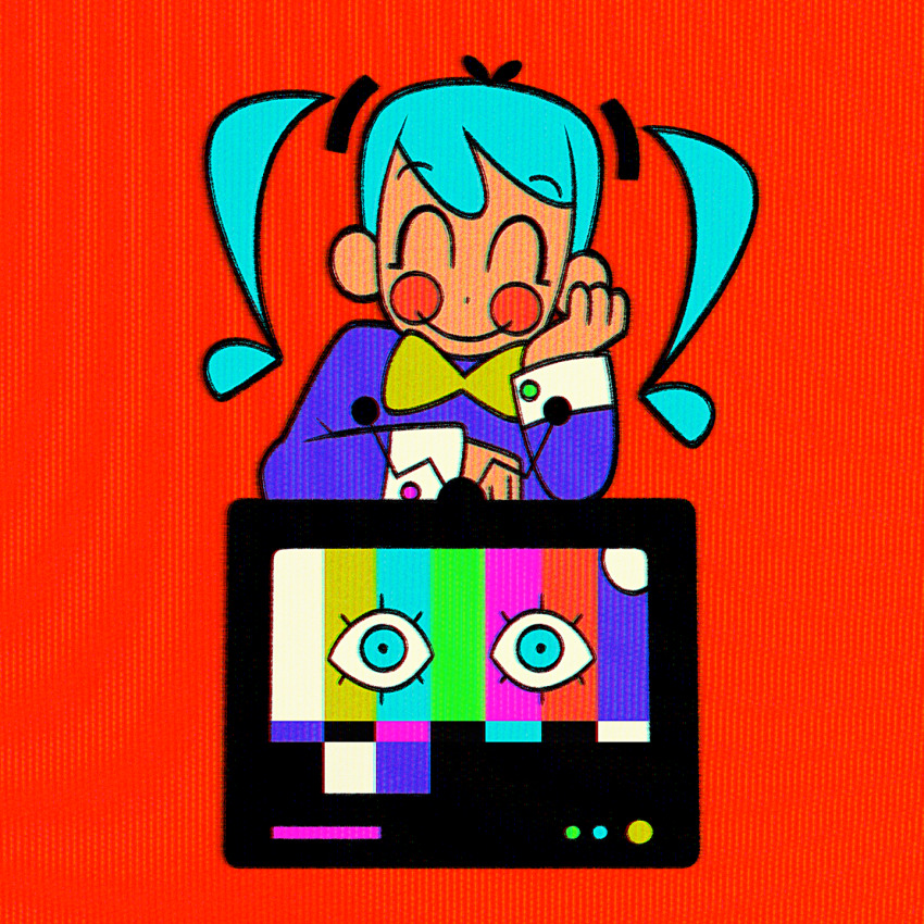 1girl ^_^ blue_hair blue_shirt bow circle_facial_mark closed_eyes closed_mouth crt cryptidhermit eyelashes floating_hair hatsune_miku highres leaning_on_object long_hair open_mouth orange_background shirt simple_background smile solo static_(vocaloid) test_card twintails vocaloid yellow_bow