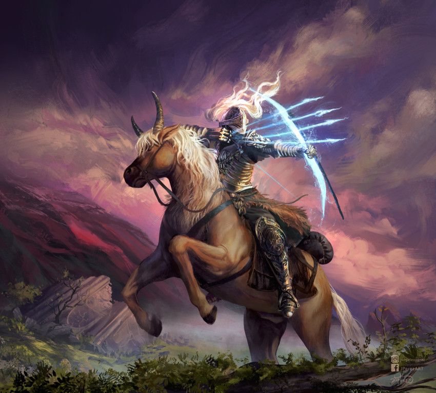 armor arrow_(projectile) artist_name blonde_hair bow_(weapon) casting_spell cloud drawing_bow elden_ring fromsoftware gauntlets helmet highres holding holding_bow_(weapon) holding_staff holding_weapon horns horse horseback_archery horseback_riding instagram_username jperez long_hair magic outdoors reins riding ruins saddle signature staff tarnished_(elden_ring) torrent_(elden_ring) tree weapon